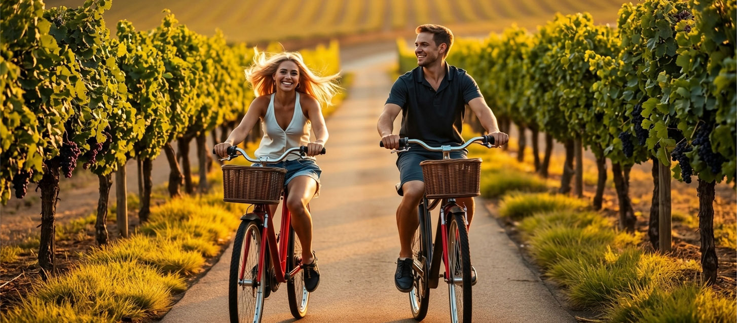 Couple cycling side by side down the Napa Valley Vine Trail between vineyard rows