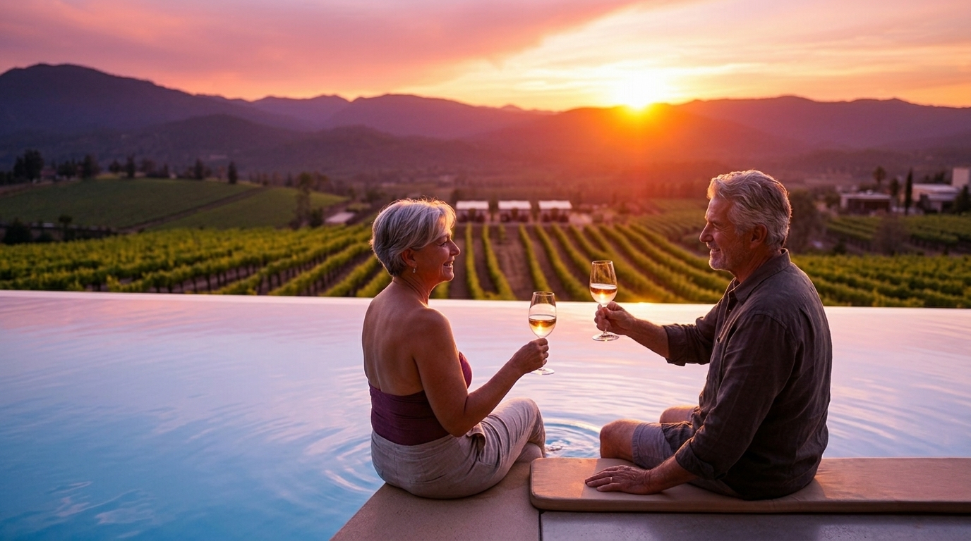 Couple at the edge of a Napa Valley resort infinity pool with sparkling wine at sunset