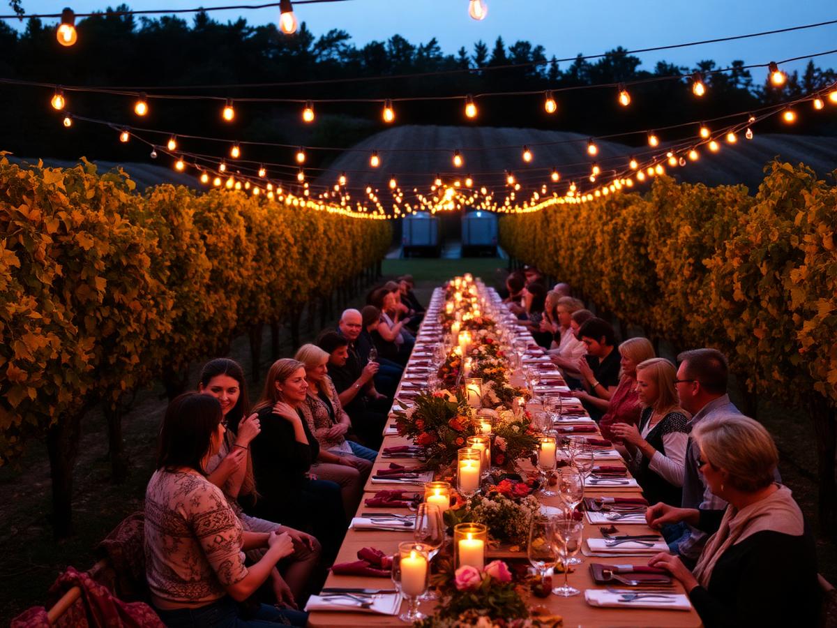 Long communal harvest dinner table lit by string lights between vineyard rows at dusk