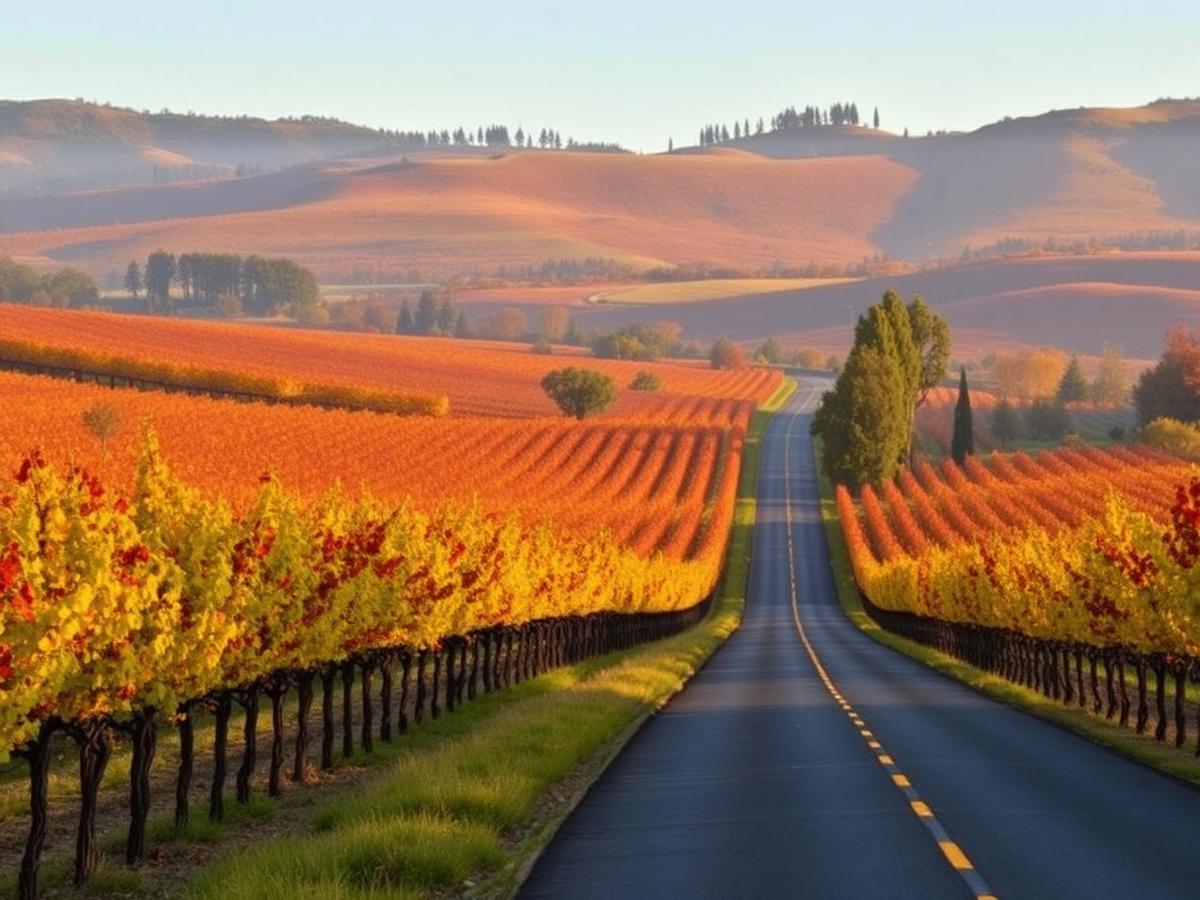 Golden and crimson Napa Valley vineyard rows lining a quiet two-lane road in autumn