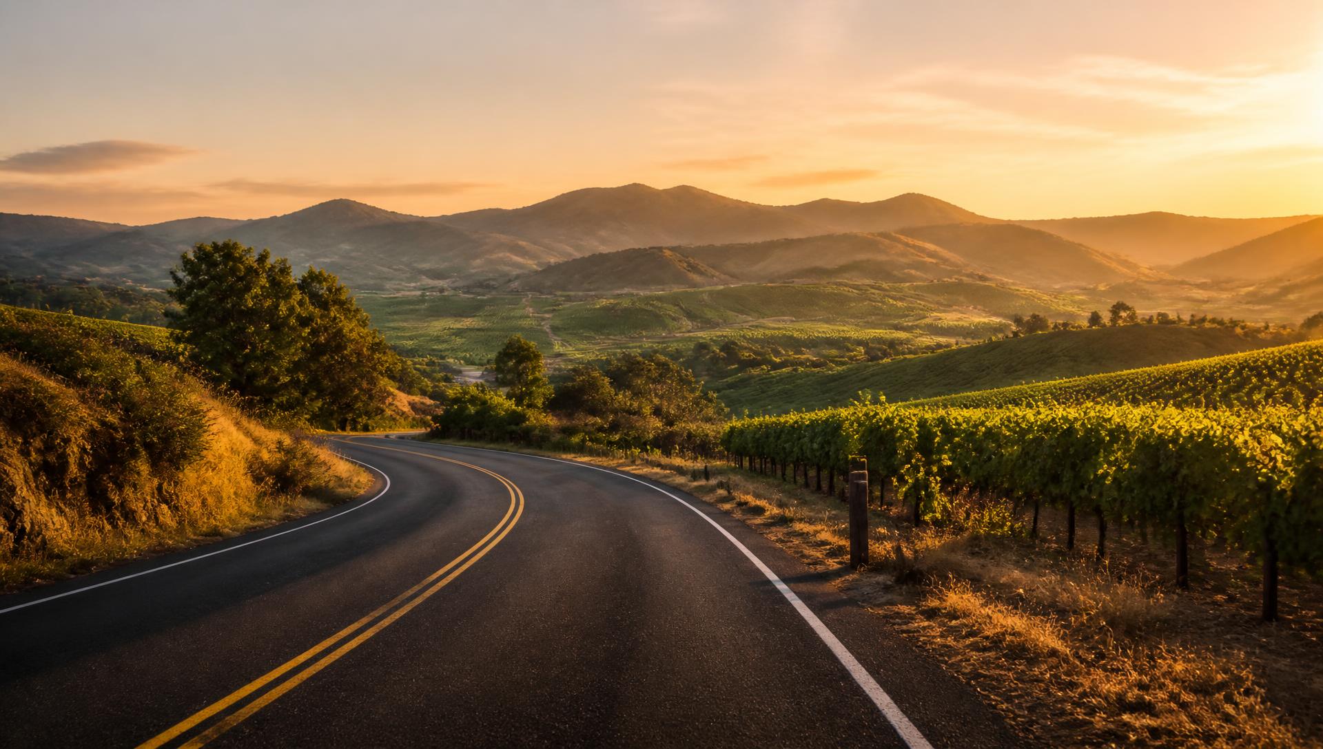 Two-lane highway curving through Napa Valley vineyards toward the hills at golden hour