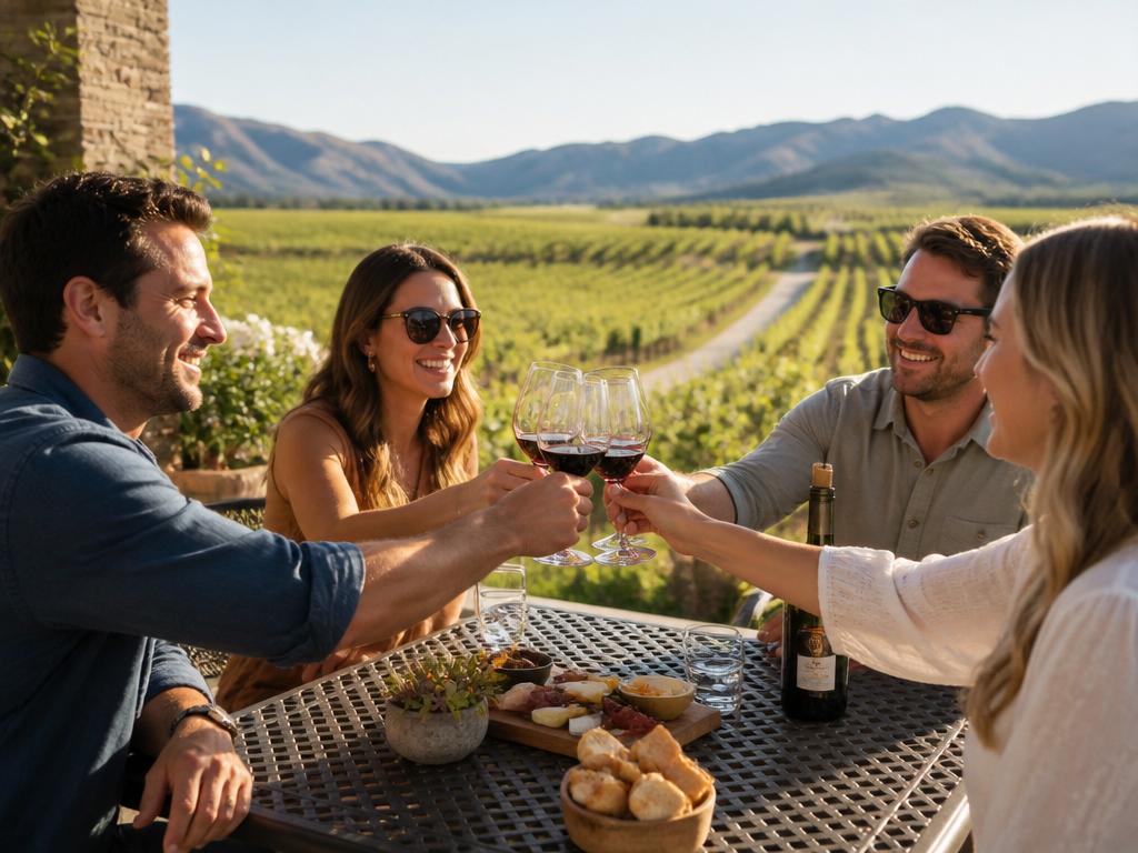 Friends toasting red wine on a winery patio overlooking Napa Valley vineyards