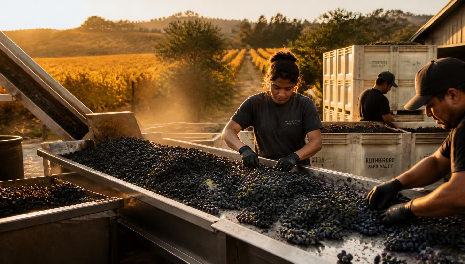Workers sorting Cabernet grape clusters on a crush pad sorting table at sunrise in Napa Valley