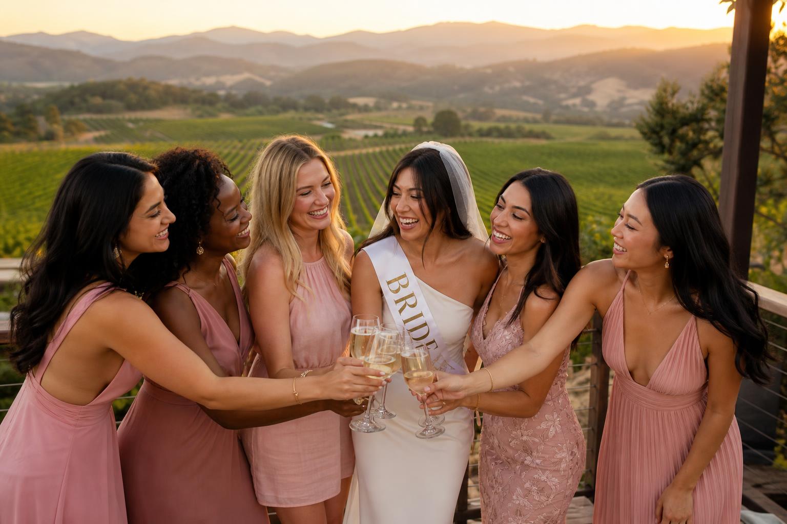Bride tribe popping champagne at a Napa Valley bachelorette party