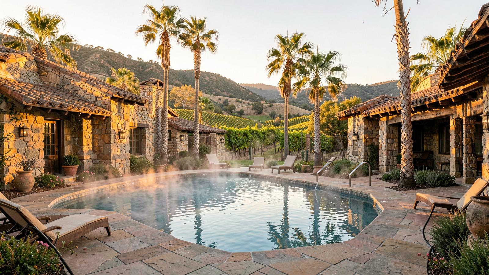 Steaming geothermal mineral pool at a Calistoga spa resort at golden hour, with palm trees and vineyard hills behind