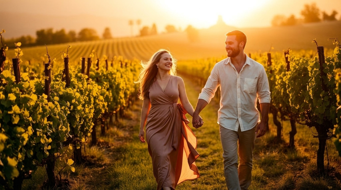 Couple walking hand in hand through golden Napa Valley vineyards at sunset