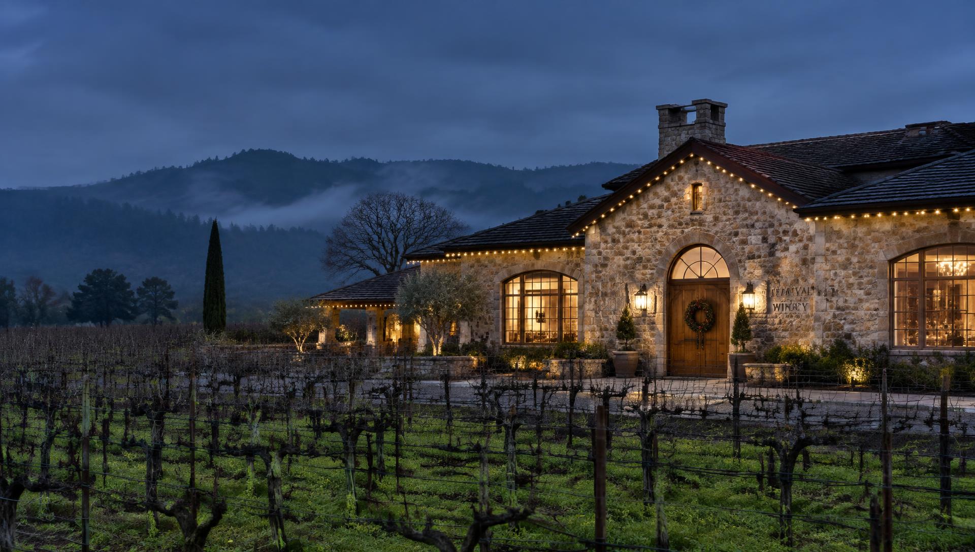 A Napa Valley stone tasting room glowing with holiday lights at dusk above winter vineyards