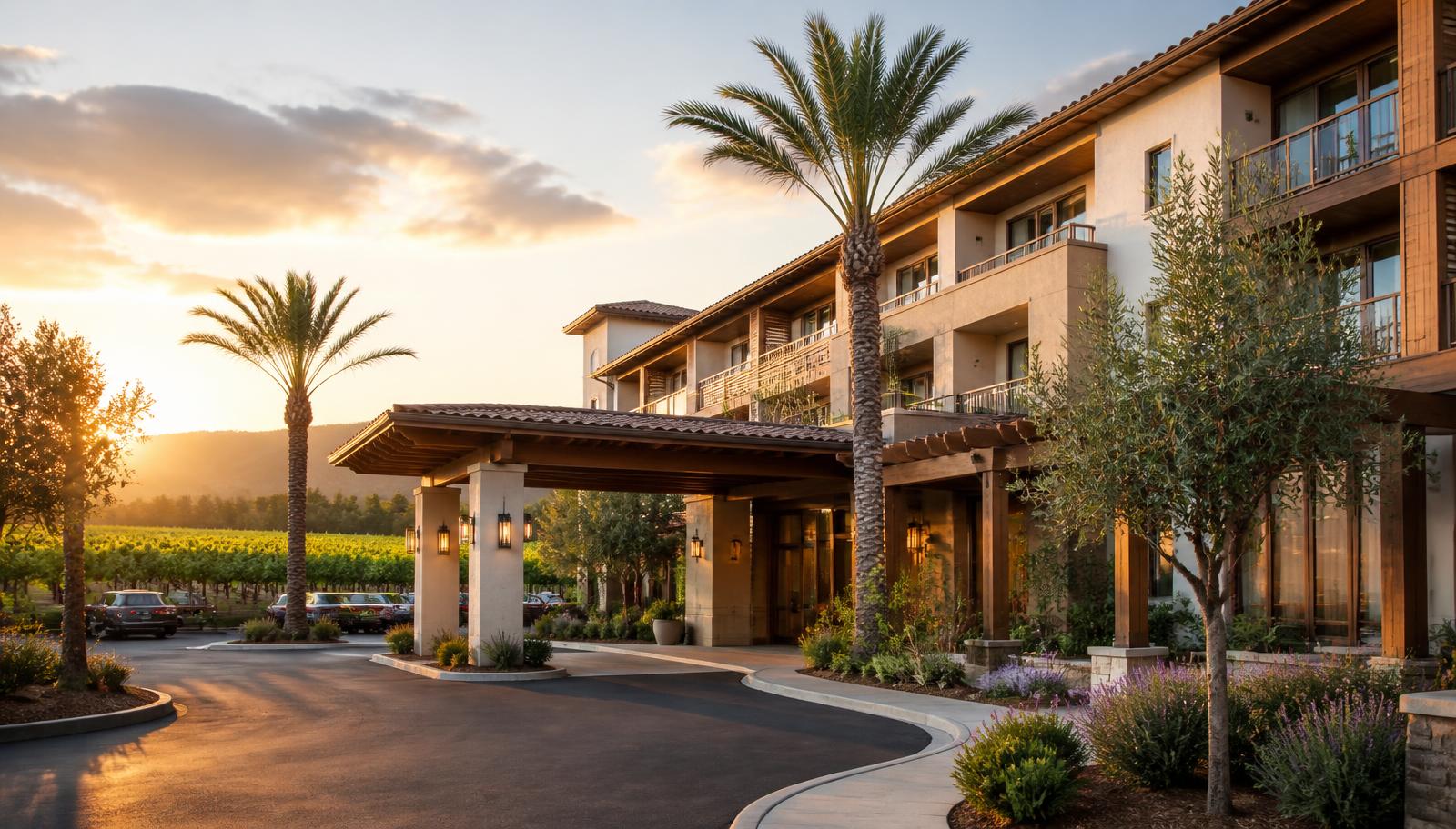 Branded hotel exterior in Napa Valley at golden hour with vineyard rows behind