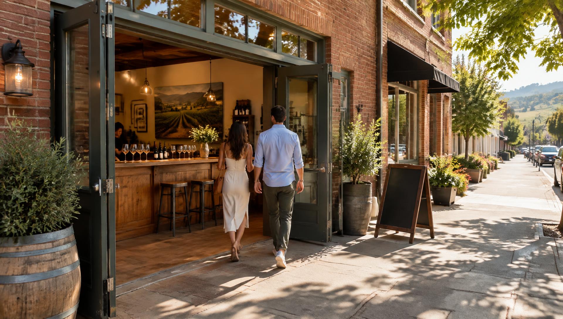 A couple walking into an open-front brick tasting room in a Napa Valley town