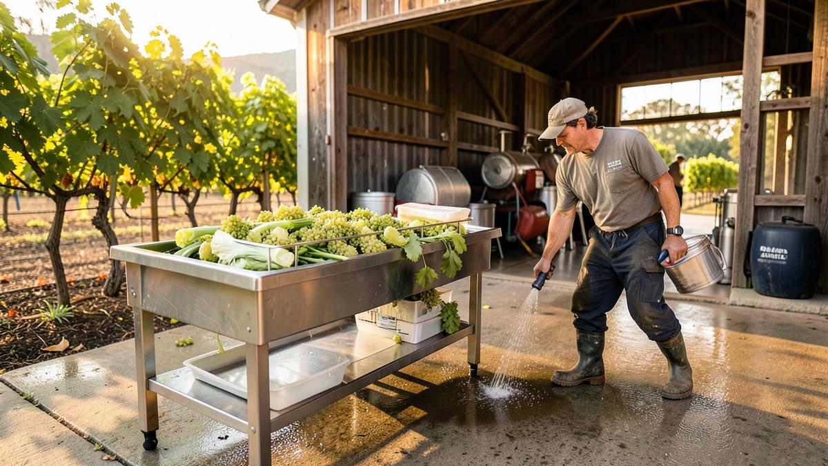 Cellar worker rinsing a stainless sorting table stacked with white wine grape clusters on a winery crush pad