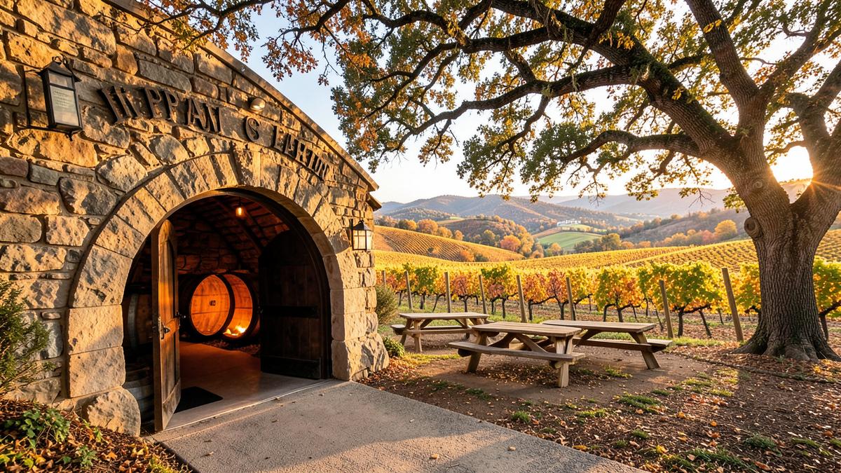 Stone cave entrance at a hillside Napa Valley winery with barrels glowing inside and golden autumn vineyards beyond