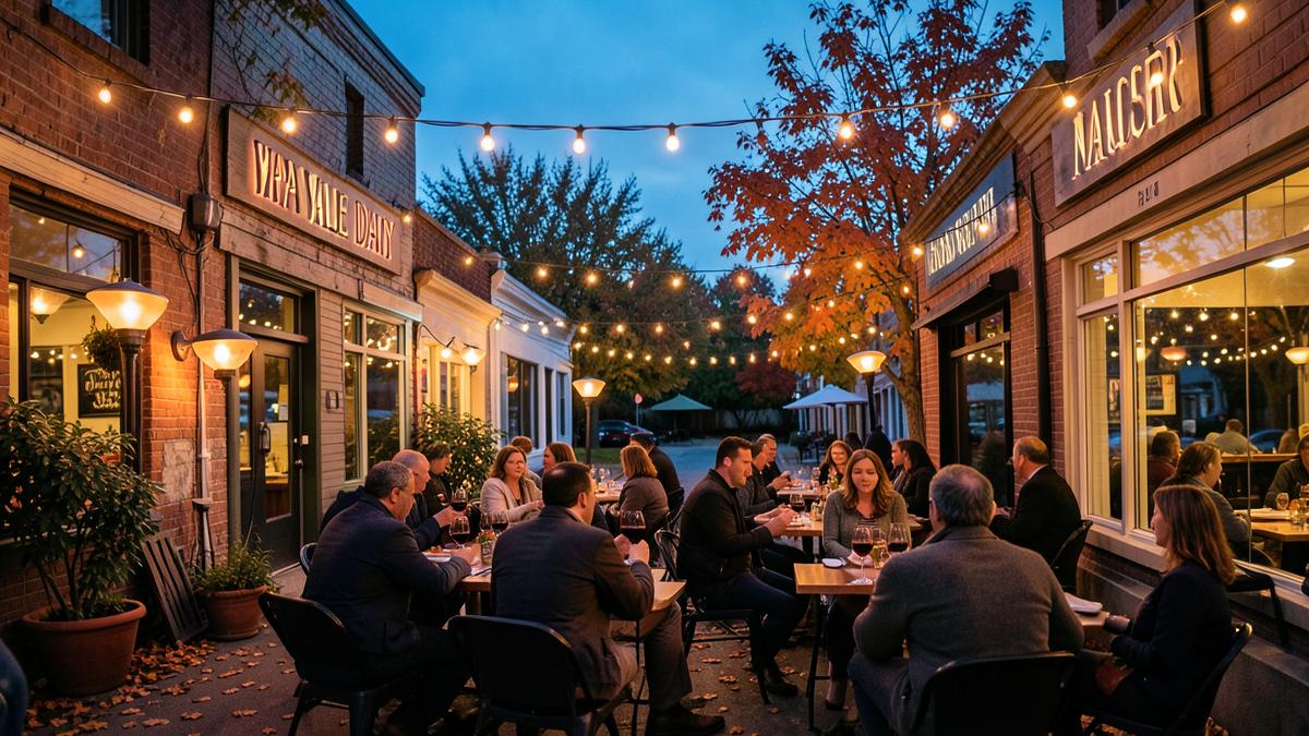 Autumn evening on a Napa Valley small-town main street with a heated restaurant patio under string lights