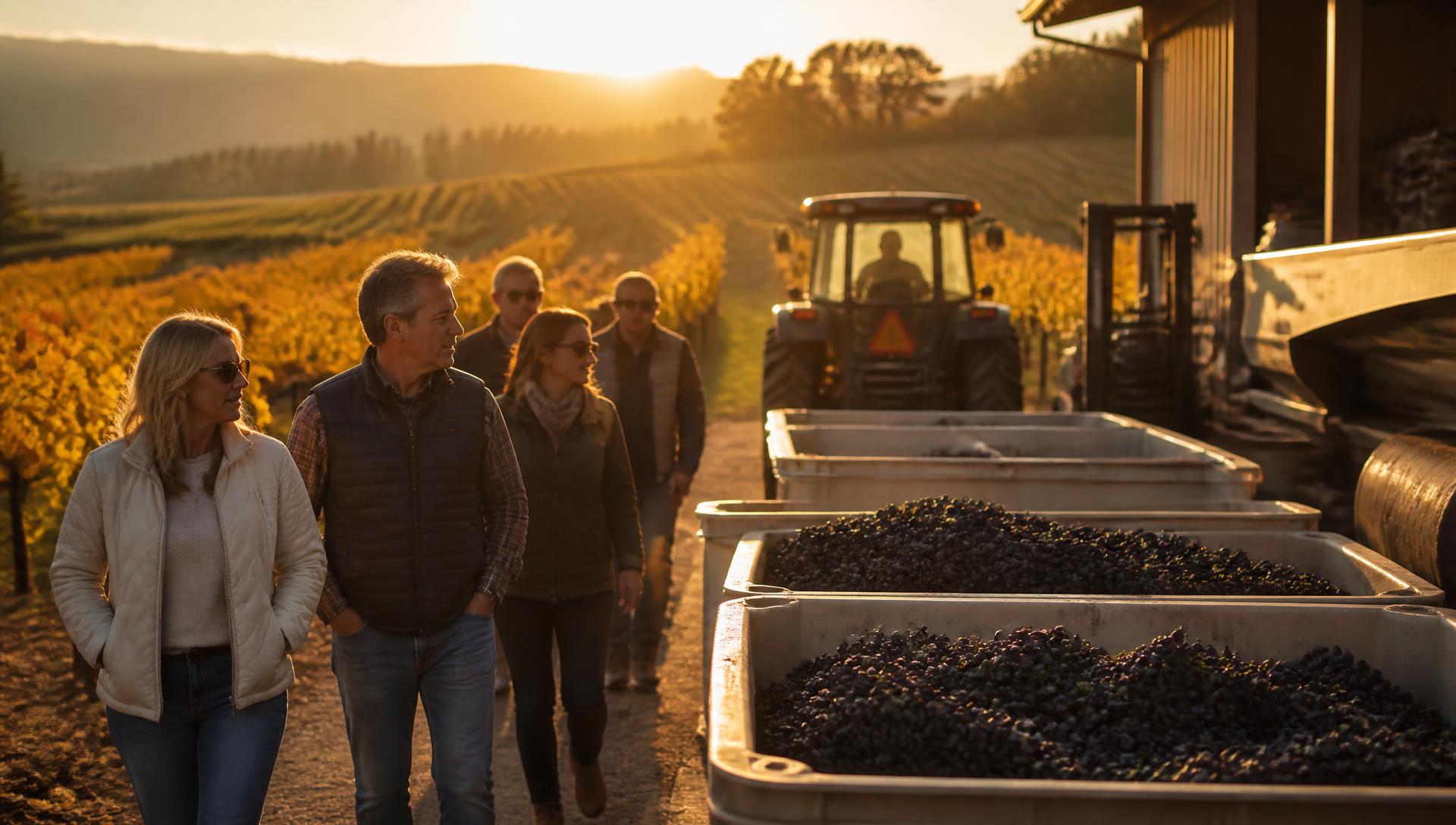 Visitors walking past bins of freshly picked Cabernet grapes beside a Napa Valley crush pad at sunrise