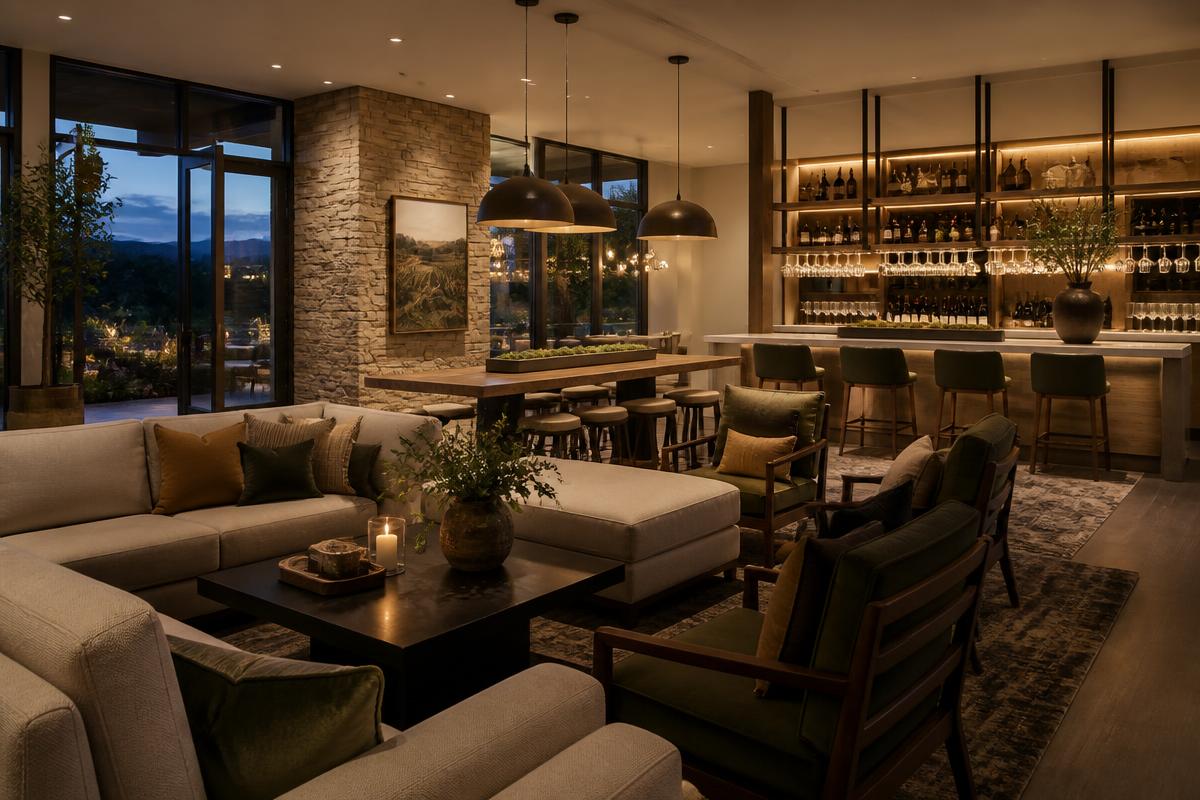 Modern hotel lobby with a wine bar and lounge seating in downtown Napa