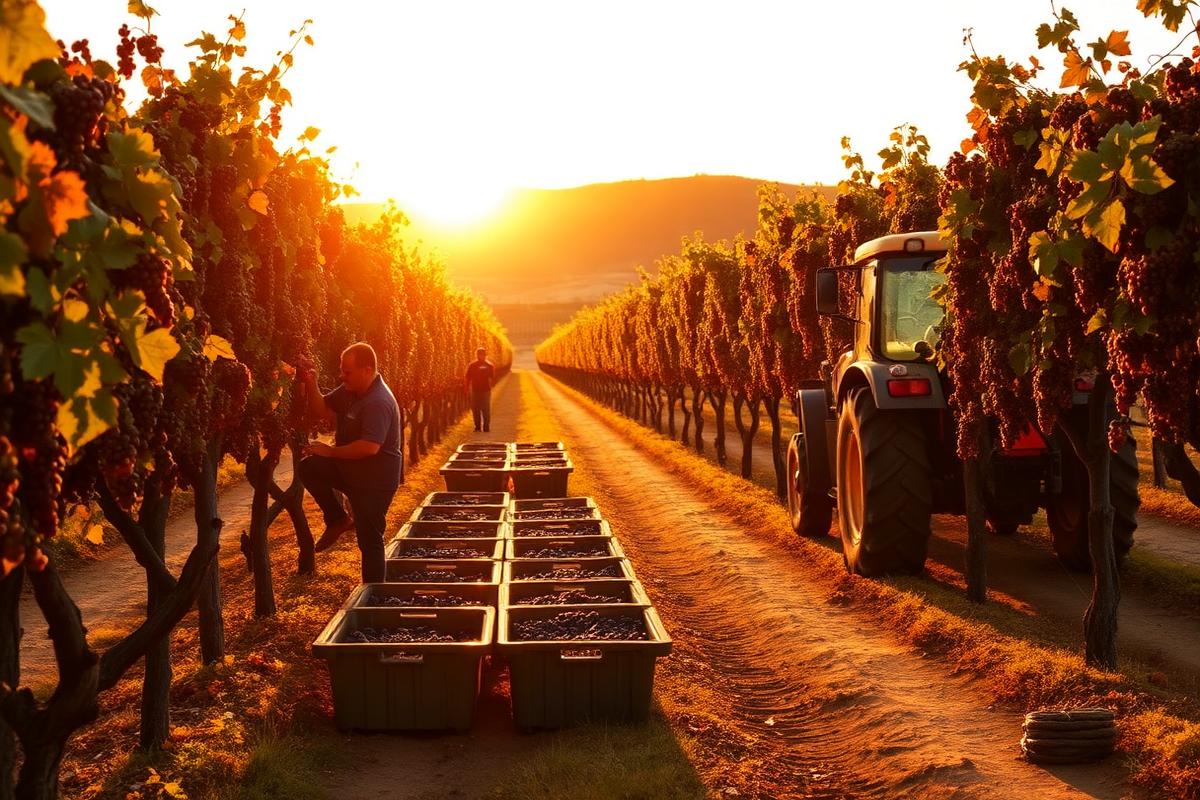 Golden Napa Valley vineyard rows during autumn harvest at sunset