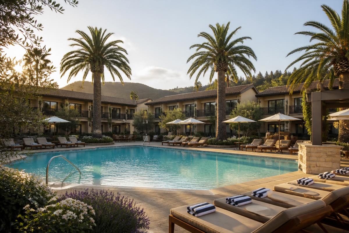 Resort-style hotel pool courtyard with palm trees in Napa, California