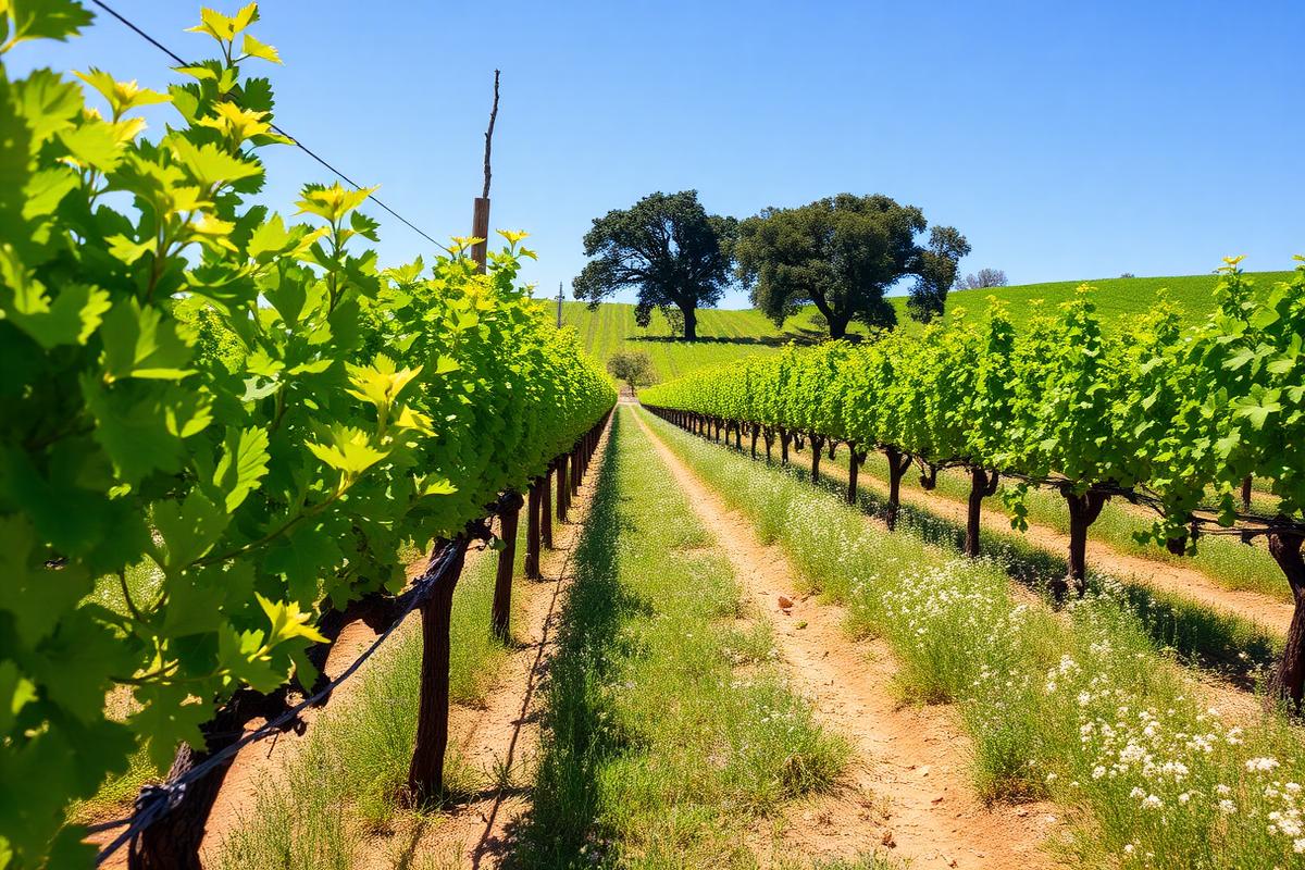 Bright green spring vine shoots and wildflowers in a Napa Valley vineyard