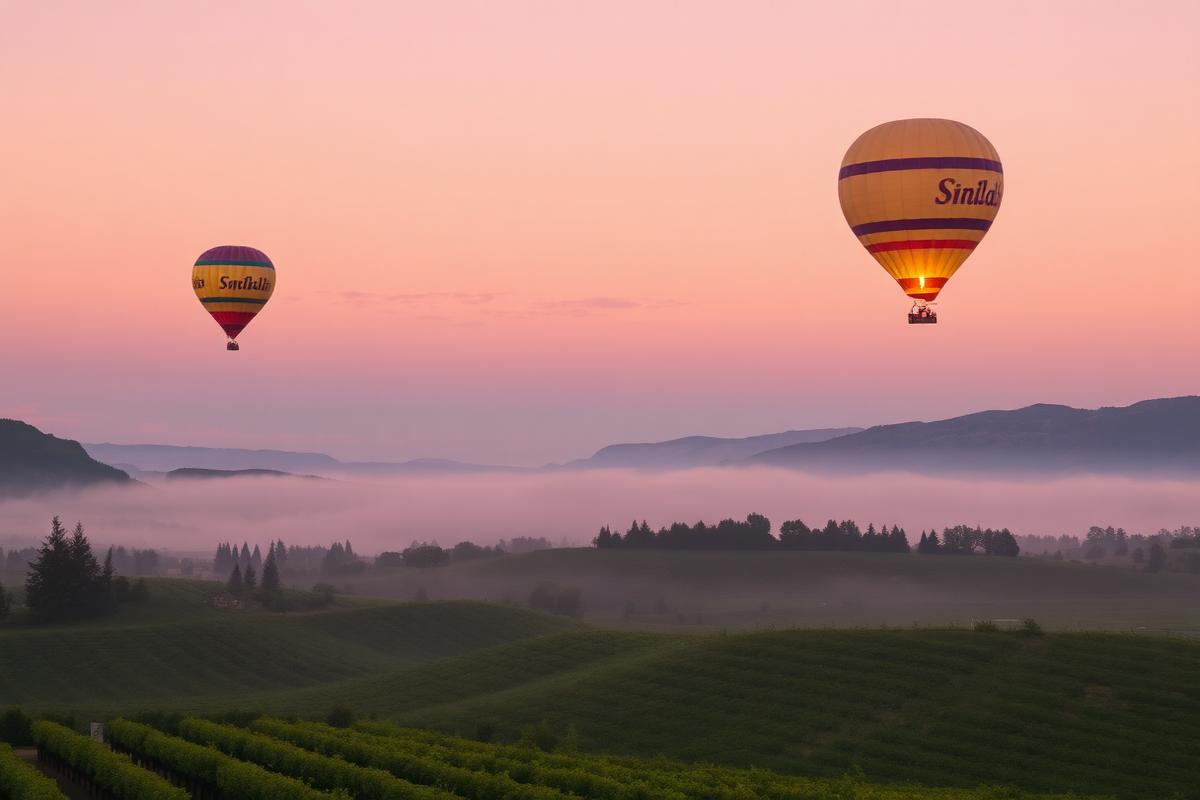 Hot air balloons rising over Napa Valley vineyards at sunrise in summer