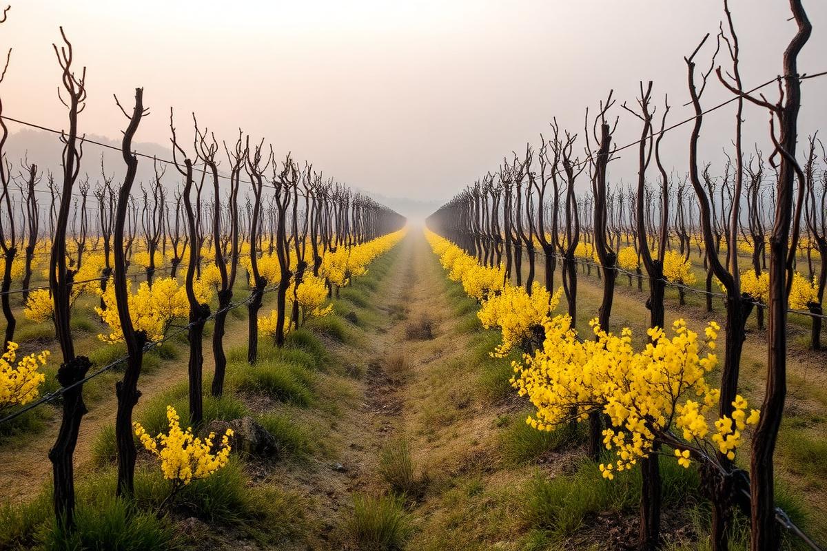 Yellow wild mustard blooming between bare vines on a misty Napa Valley winter morning