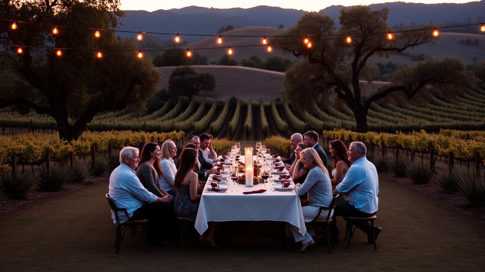 Napa Valley group retreat dinner at a vineyard estate at golden hour with string lights