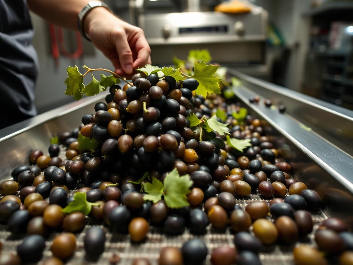 Freshly picked wine grape clusters on a stainless steel sorting table beside a destemmer