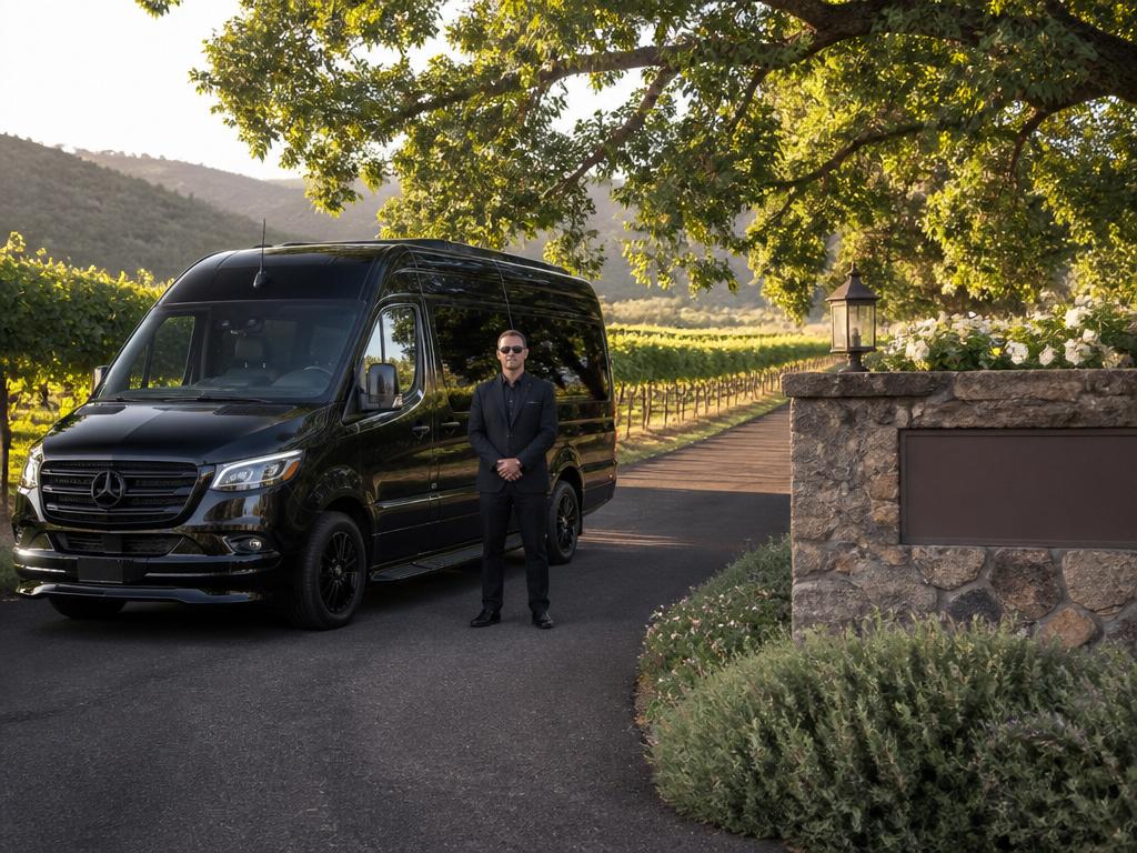 Luxury Mercedes Sprinter van and driver waiting at a Napa Valley winery entrance