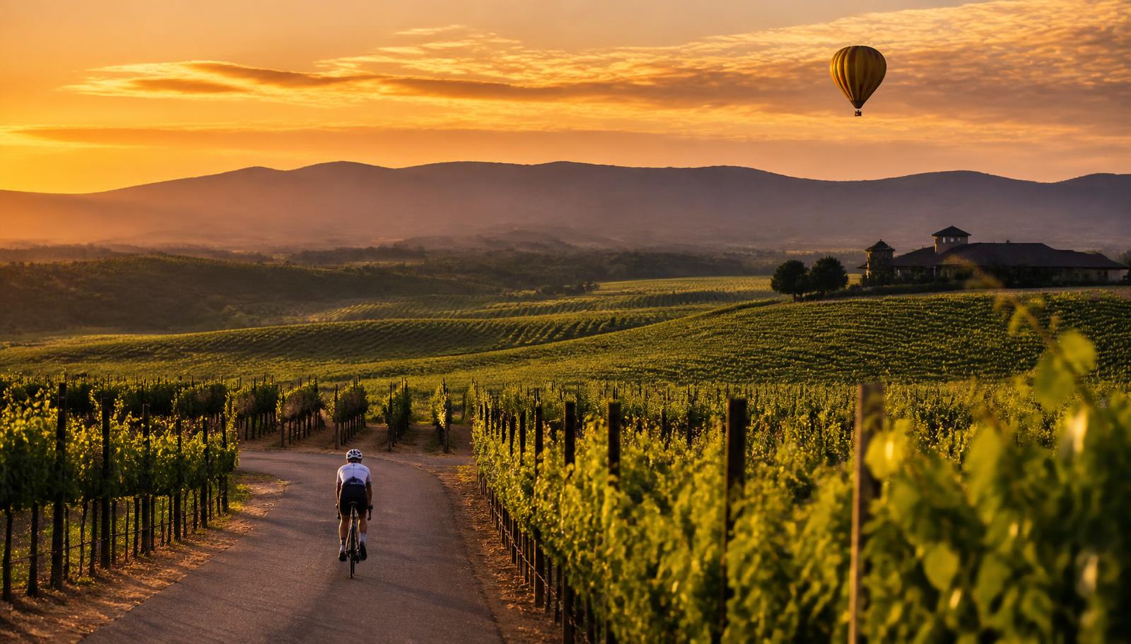 Cyclist on a Napa Valley vineyard road at golden hour with a hot air balloon in the sky