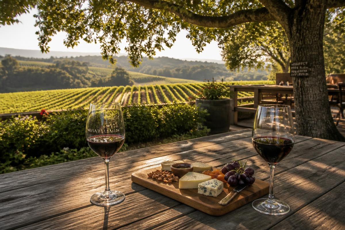 Two glasses of Cabernet and a cheese board on a winery picnic table overlooking Napa vineyards