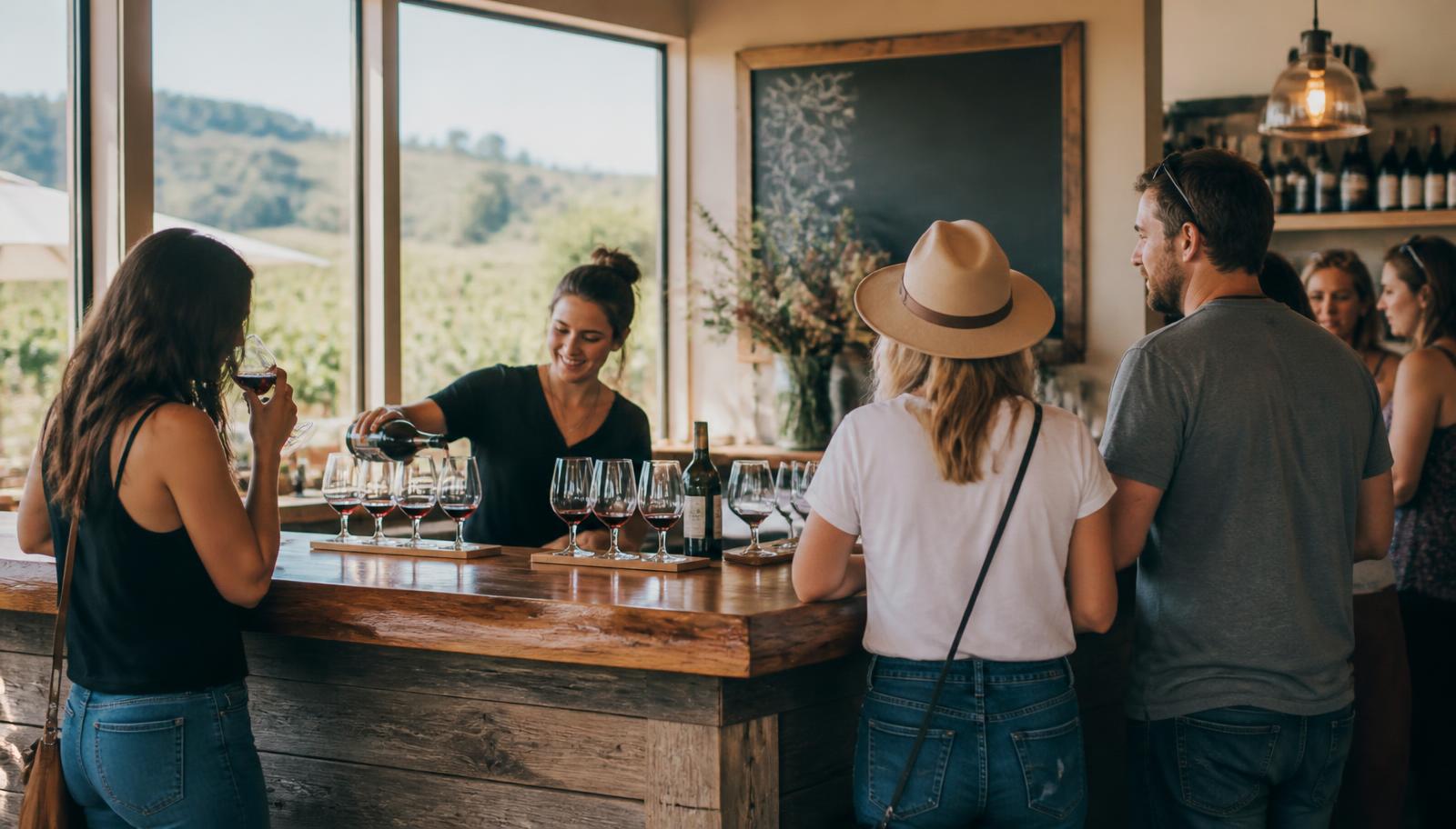 Guests tasting flights of red wine at a casual walk-in tasting bar in Napa Valley